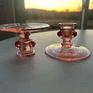 Vintage Pink Depression glass VERSATILE Candlesticks with floral & lined etching